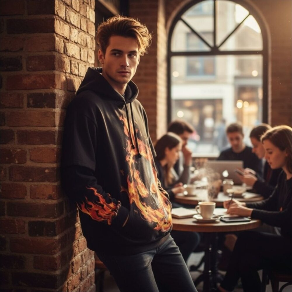 Current Mood ✦ Black Orange Flame Hoodie ✦ Detention Fire Skull Pullover S NWT - Picture 6 of 9